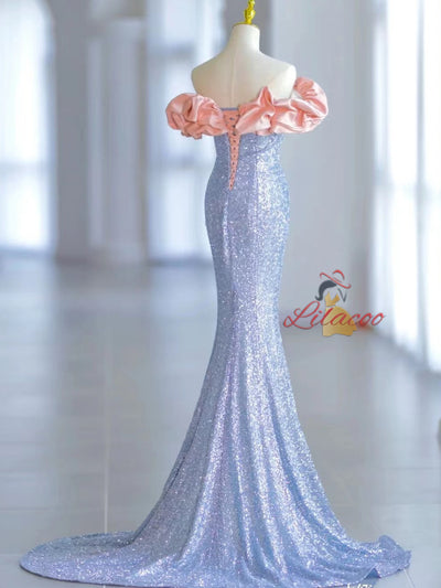 Blue Mermaid Sequins Off the Shoulder Prom Dress