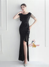 Sequins Cap Sleeve Beadin Split Prom Dress