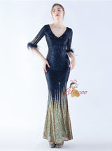 V-neck Short Sleeve Sequins Prom Dress