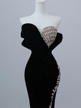 Black Mermaid Velvet Strapless Crystal Prom Dress