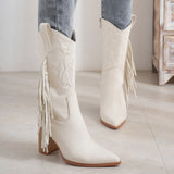Pointed Embroidered Tassels White Boots