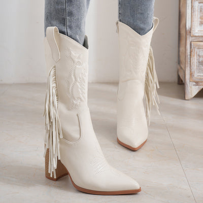 Pointed Embroidered Tassels White Boots