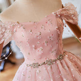 Pink Tulle Flower Beading Off the Shoulder Homecoming Dress