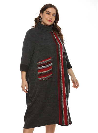 High Neck Contrast Striped Loose Plus Size Dress