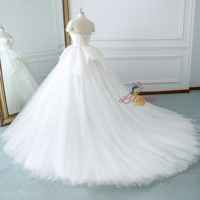 Ivory White Tulle Satin Off The Shoulder Wedding Dress