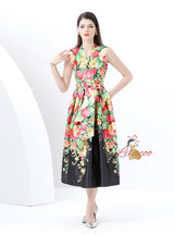 V-neck Sleeveless Long Retro Print Dress