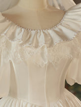 White Satin Lace Puff Sleeve Wedding Dress