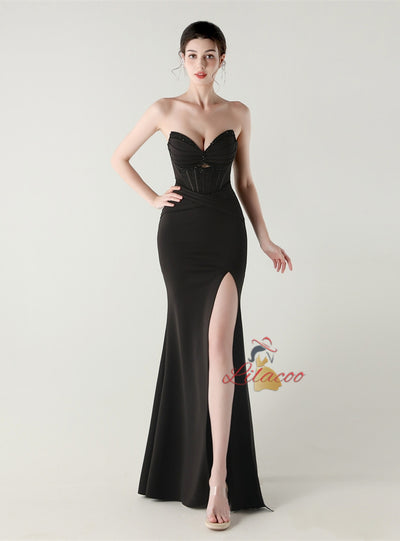 Mermaid Strapless Pleats Beading Prom Dress