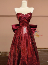 Burgundy Sequins Strapless Bow Prom Dress