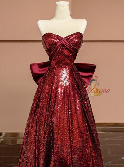 Burgundy Sequins Strapless Bow Prom Dress