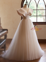 A-Line Champagne Tulle V-neck Wedding Dress