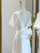 White Satin Short Sleeve Backless Wedding Dress