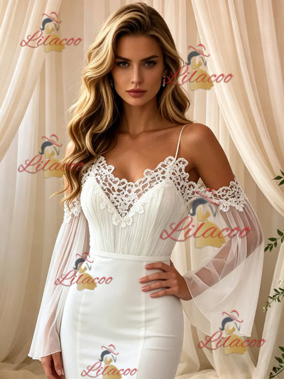 White Mermaid Straps Lace Wedding Dress