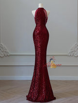 Burgundy Mermaid Sequins Halter Beading Prom Dress