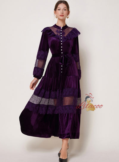 Retro Pearl Buckle Lace Mosaic Velvet Dress