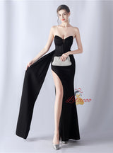 Mermaid Strapless Pleats Beading Split Prom Dress