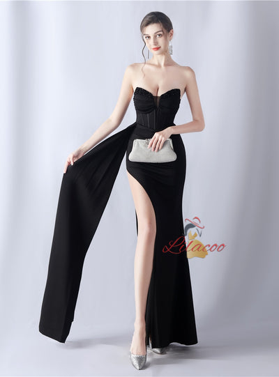 Mermaid Strapless Pleats Beading Split Prom Dress