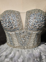 Gray Tulle Beading Feather Strapless Homecoming Dress