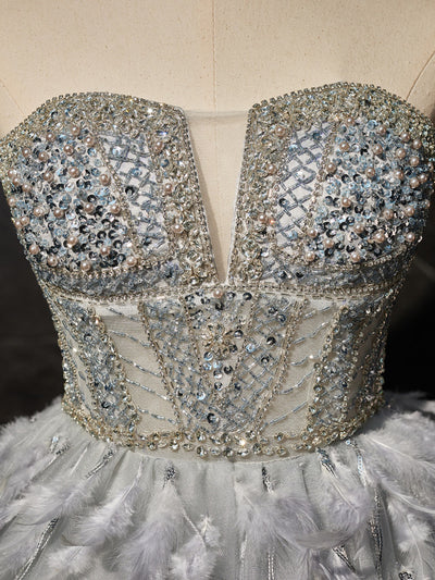 Gray Tulle Beading Feather Strapless Homecoming Dress