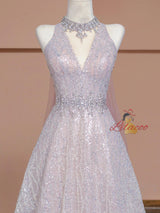 Pink Sequins Halter Beading Crystal Prom Dress