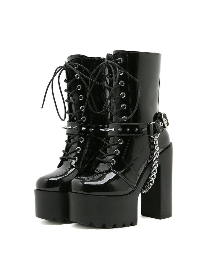 Punk Rivet Belt Buckle Thick Heel Boots