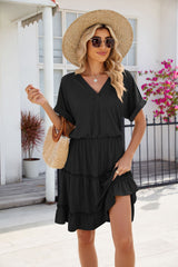 Solid Color V-neck Loose Short Sleeve Dress