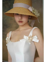 White Satin Straps Beading Wedding Dress