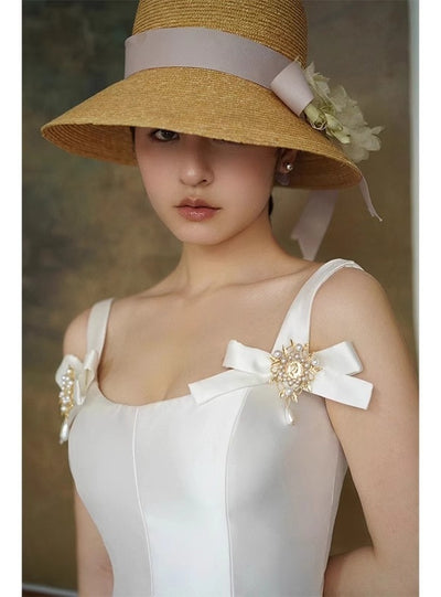 White Satin Straps Beading Wedding Dress
