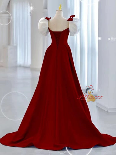 Burgundy Square Puff Sleeve Prom Dress