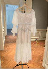 White Lace Long Sleeve Beading Prom Dress