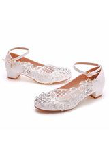 Square Heel Lace Rhinestone Round Toe Shoes