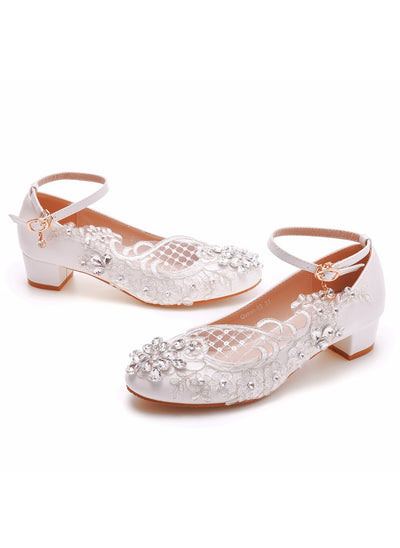 Square Heel Lace Rhinestone Round Toe Shoes