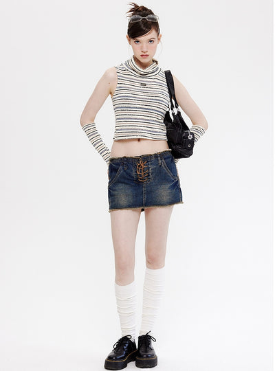 High-necked Sleeveless Striped Knitted Vest
