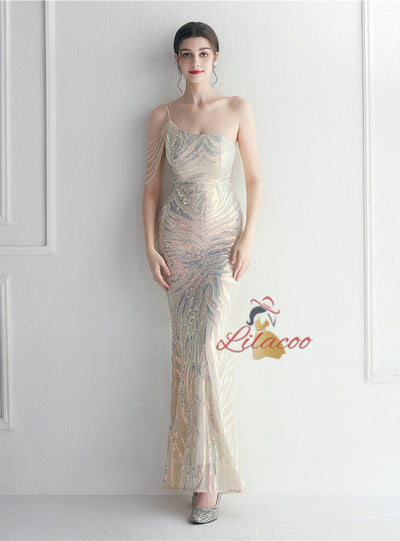 Mermaid Sequins One Shoulder Beading Prom Dress