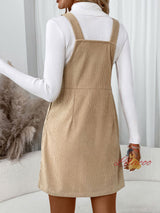 Pocket Strap Corduroy Solid Color Casual Dress