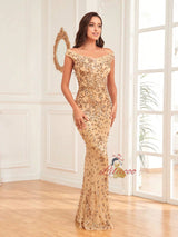 Gold Mermaid Sequins Off the Shoulder Prom Dress