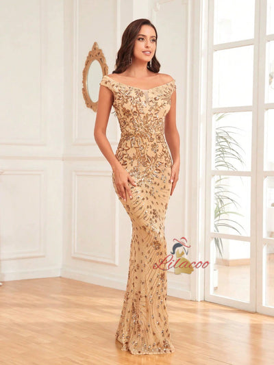 Gold Mermaid Sequins Off the Shoulder Prom Dress