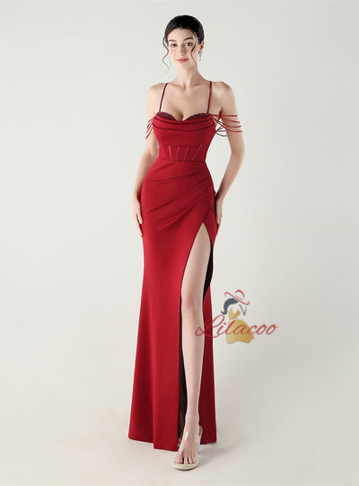 Mermaid Spaghetti Straps Beading Split Prom Dress