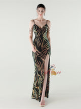 Mermaid Spaghetti Straps Sequins Split Beading Prom Dress