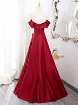 Burgundy Satin Pleats Split Prom Dress