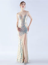 Spaghetti Straps Sequins Beading Split Prom Dress