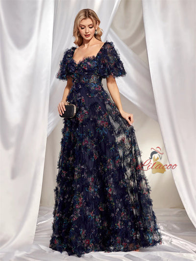 Floral Short-sleeved Slim Party Dress