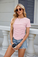 Solid Color Slim Pleated Short Sleeve T-shirt