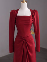 Burgundy Long Sleeve Satin Pleats Prom Dress