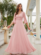 Pink Chiffon V-neck Short Sleeve Prom Dress