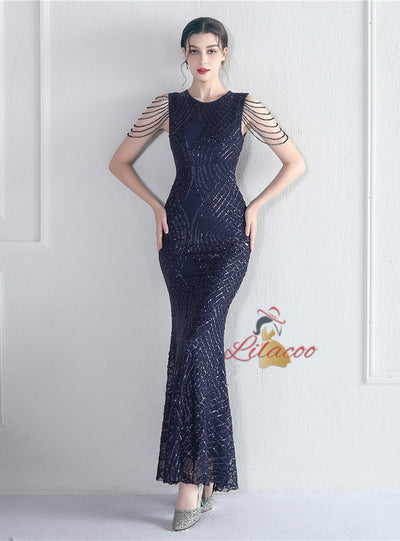 Mermaid Scoop Sequins Sleeveless Beading Prom Dress