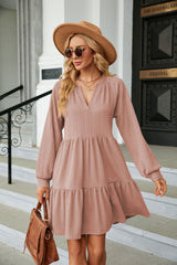 Solid Color V-neck Pleated Long Sleeve Dress