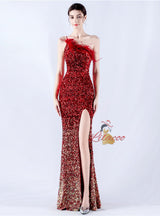 One Shoulder Sequins Feather Prom Dress
