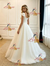 White Tulle Cap Sleeve Wedding Dress