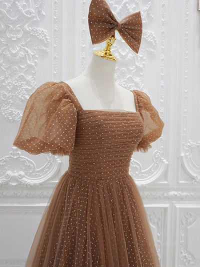 Brown Tulle Wave Point Pleats Prom Dress